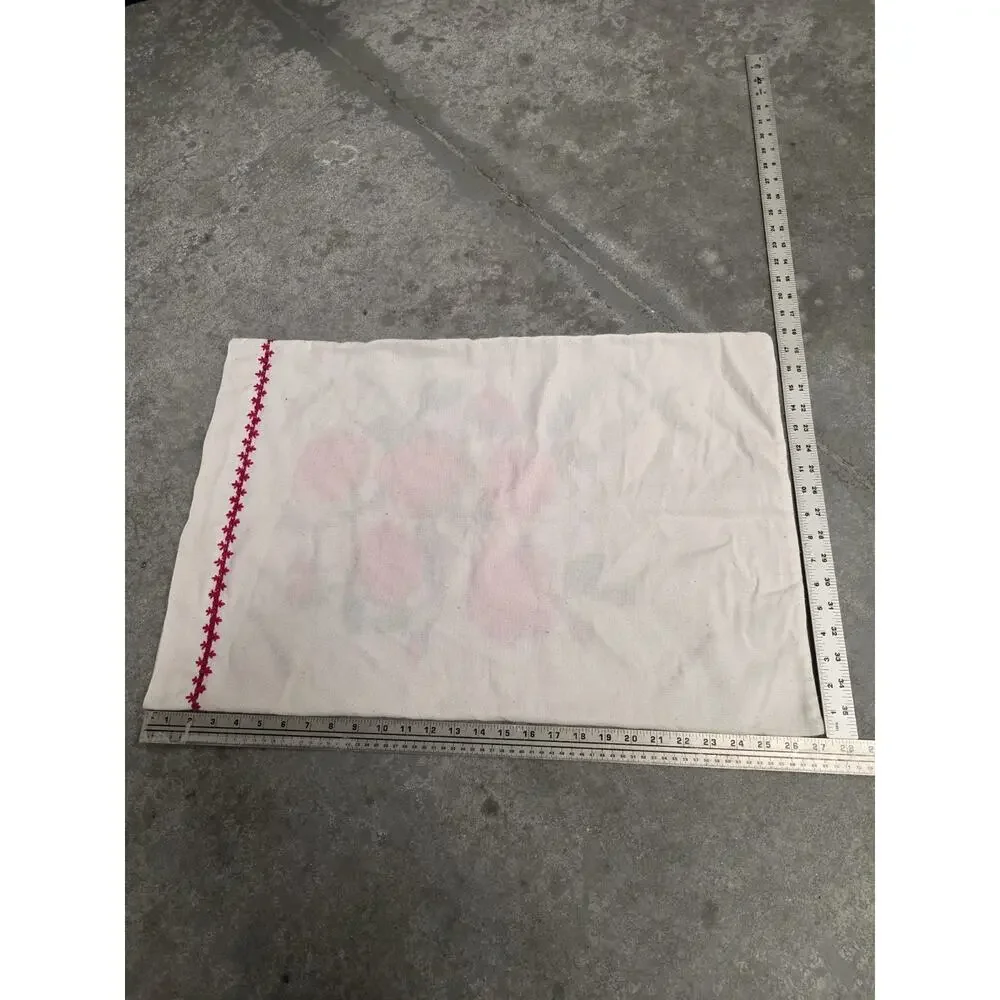 Vintage Mexican Hand Embroidered Pink Rose Linen Pillowcase 27x18in.